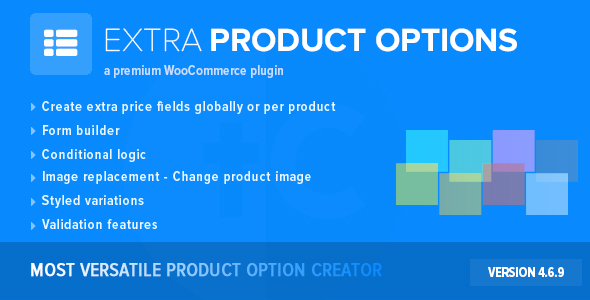 WOOCOMMERCE Extra product options. Builder product WOOCOMMERCE. Options 5. Global Extra product options for WOOCOMMERCE. Option plugin